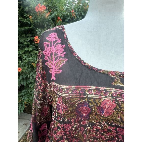 Raga Embroidered Peasant Top Crop Pink Hippie Boho Gauze Plunge Large NEW - Picture 2 of 7